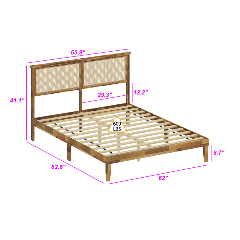 FUFU&GAGA Natural Solid Wood Bed Frame with Faux Hex Rattan Accent, Sturdy Acacia Platform Bed with Plywood Slats, No Box Spring Needed, Queen Size (82.6" L x 62" W x 41.1" H), Brown