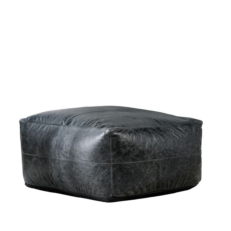 Square Pouf Ottoman, 24 Inch Black Real Leather, Reversible Design - Benzara