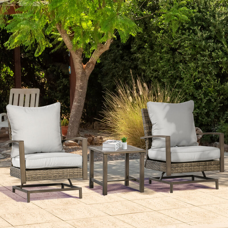 Outsunny 3-Piece Wicker Patio Furniture Set, Outdoor Rocking Chair Set with Bistro Coffee Table, PE Rattan Rocker Conversation Set with Cushions for Porch, Balcony, Yard, Poolside, Garden, Gray