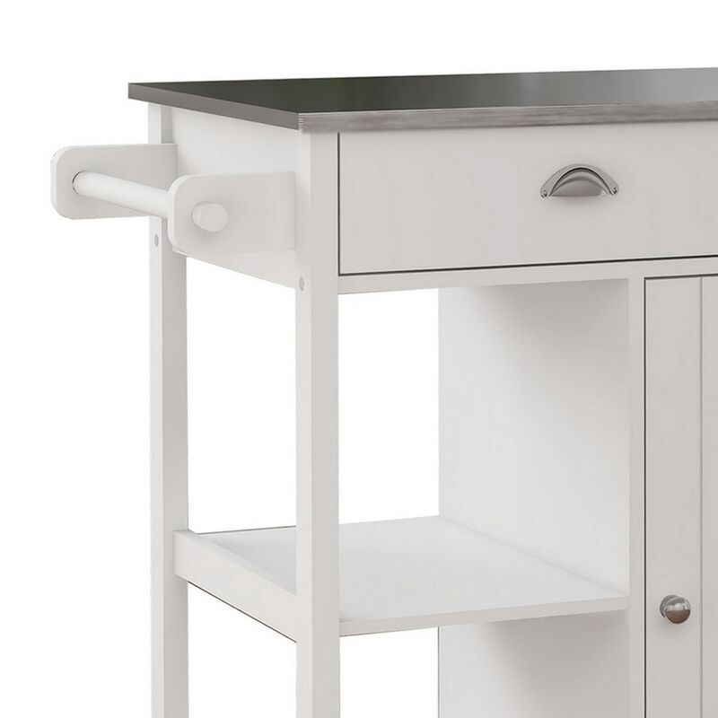 40 Inch Rolling Kitchen Cart, Open Shelves, Stainless Steel Surface, White - Benzara