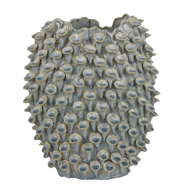 Nina Decorative Bowl, Light Blue, Textured Coral Gray Ceramic, 13 Inch - Benzara