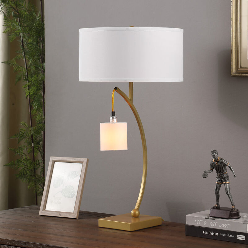 Hivvago 29" Gold Metal Two Light Arched Table Lamp With White Drum Shade