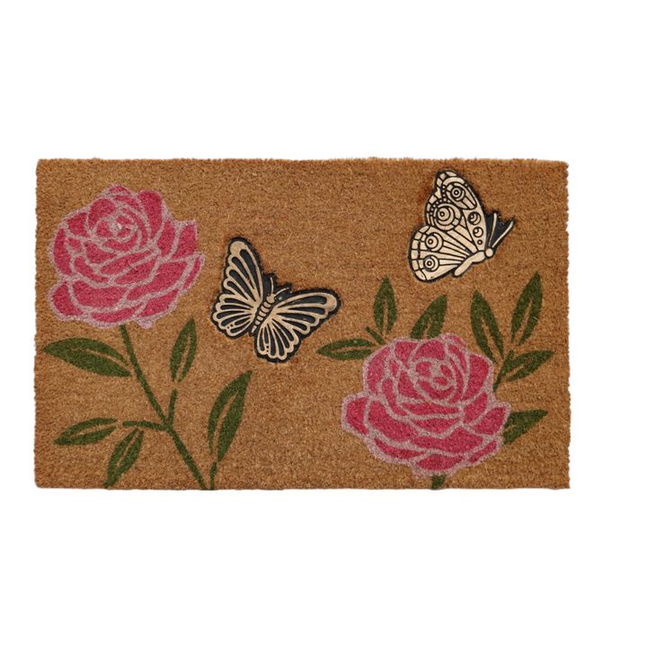 HomeRoots 18" X 30" Beige and Pink Coir Floral Outdoor Door Mat