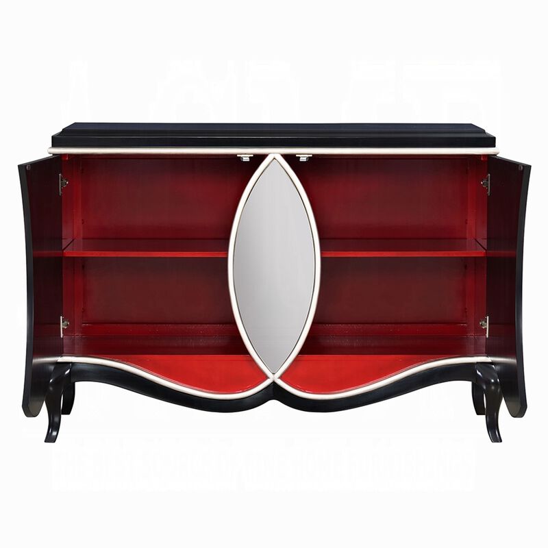 2 Door Cabinet Console, Mirror Trim Inlay, Scalloped Base, Black 50 Inch image number 4