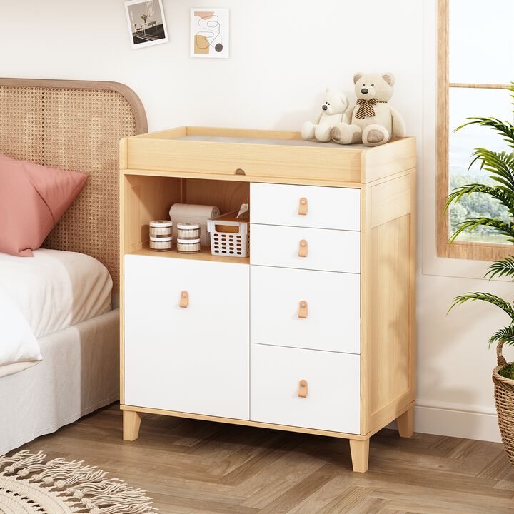 33.5 in. W Burly Wood Grain and White Rectangle Wooden End/Side Table with 5 Drawers, Top Storage Surface and Open Shelf