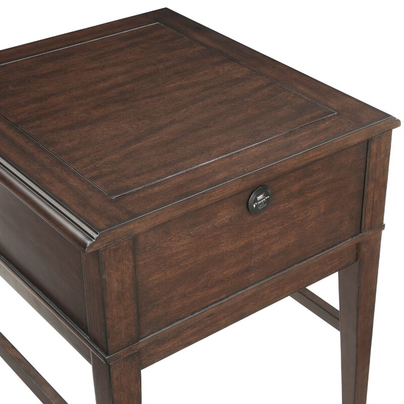 Merry End Table with USB Ports and Drawer, Brown Birch Wood 26 Inch