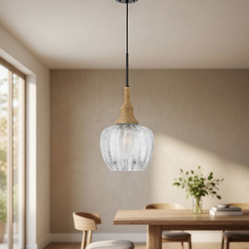 Pendant Light, Leaf Pattern Glass Shade, Burlap Rope Accent, Black Metal image number 1