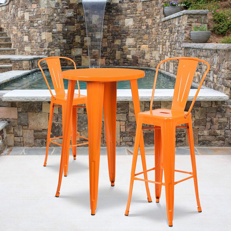 Flash Furniture Nichols Commercial Grade 24" Round Orange Metal Indoor-Outdoor Bar Table Set with 2 Cafe Stools