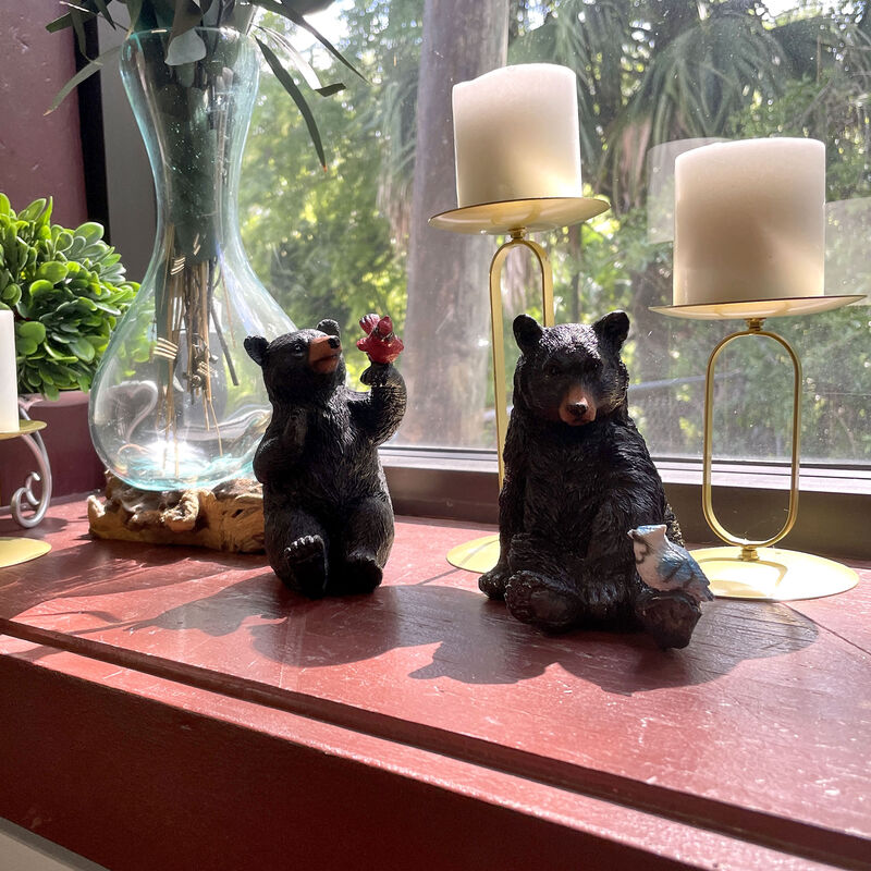 Set of 2 Black Bear Statues with Birds, 5&rdquo; Tall &ndash; Rustic Resin Animal Decor image number 9