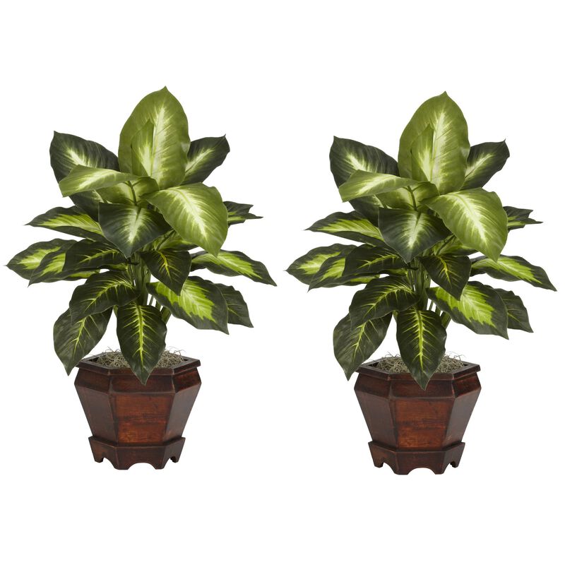 Hivvago Dieffenbachia w/Wood Vase Silk Plant (Set of 2) - Golden Yellow