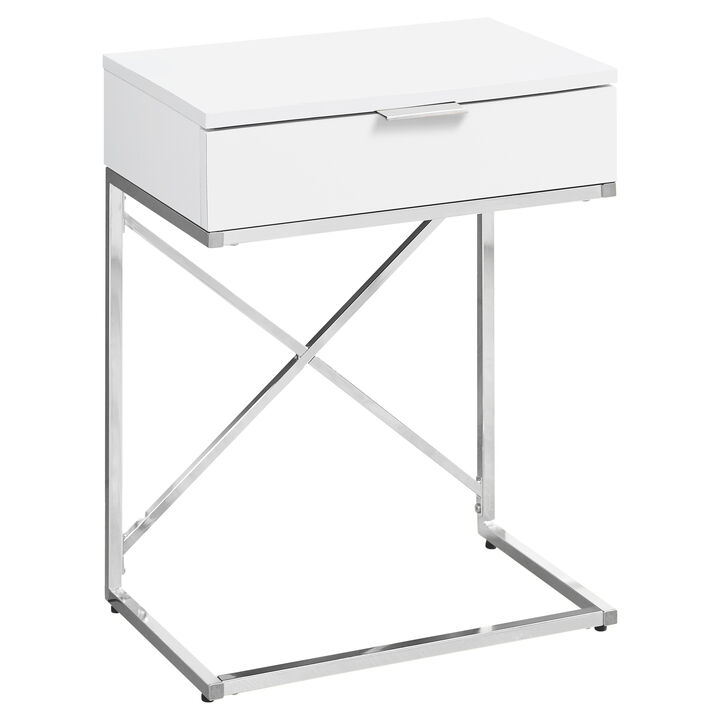 Monarch Specialties I 3470 Accent Table, Side, End, Nightstand, Lamp, Storage Drawer, Living Room, Bedroom, Metal, Laminate, Glossy White, Chrome, Contemporary, Modern