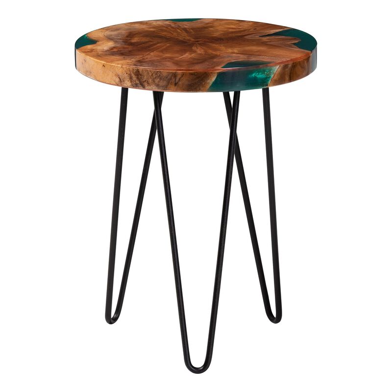 bali & pari Anan Teak Wood Epoxy Resin End Table - Round Live Edge Side Table with Black Metal Legs, Handcrafted Modern Rustic Accent Table for Living Room or Bedroom, Round