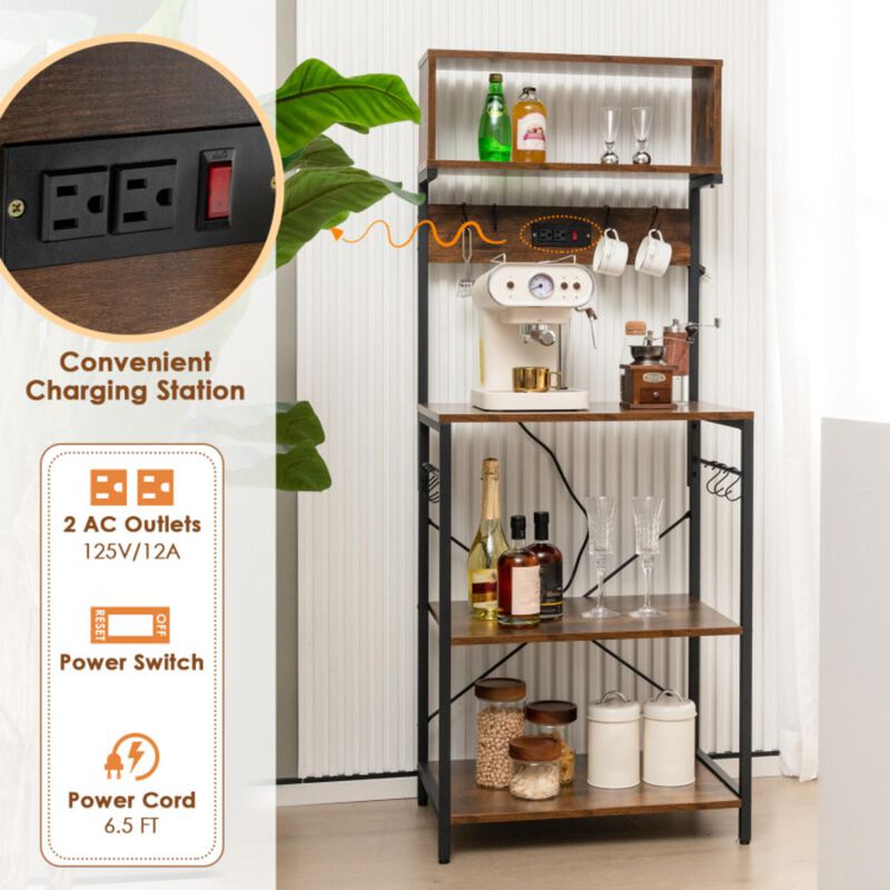 Hivvago 60 Inch Tall Microwave Stand with Open Shelves and 10 Hanging Hooks-Rustic Brown