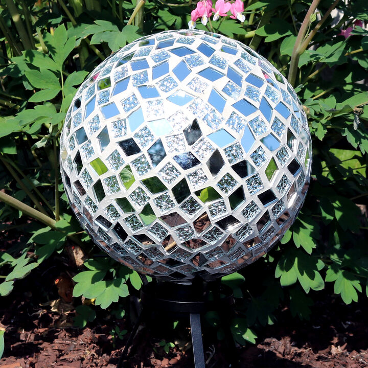 Sunnydaze Mirrored Diamond Mosaic Gazing Globe - 10 in - Gray - Set of 2