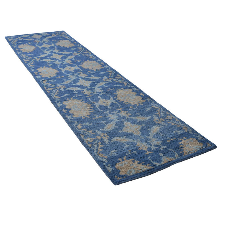 HAND KNOTTED WOOL Floral AREA RUGS  - 2'6''x10', Runner Shape, Blue Color, Floral Modern, Medium Pile Handmade Area Rugs for Living Room, Bed Room (N00908)