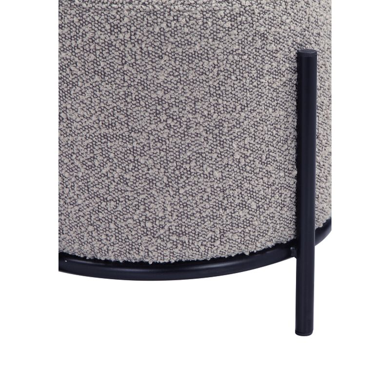 Aop 13 Inch Boucle Ottoman Stool, Round Cushioned Seat, Gray Boucle, Black - Benzara