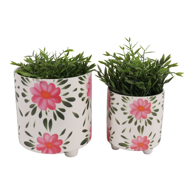 Pink Flowers Footed Planters image number 1