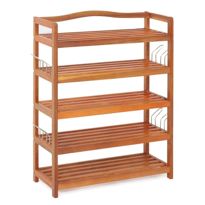 Hivvago Acacia Wood Shoe Rack with Side Metal Hooks
