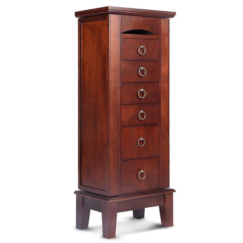Hivvago Medium Brown Wood Jewlery Armoire Storage Chest Cabinet with Mirror