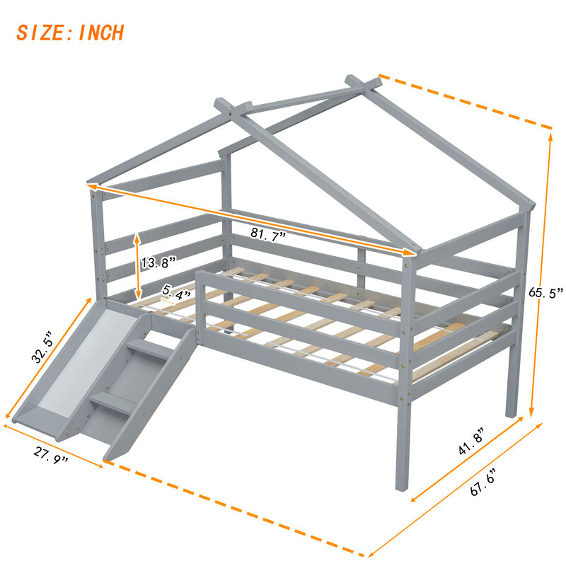 Whisen Twin Low Loft House Bed with Fun Slide, Secure Ladder, and Playful Roof Frame image number 9