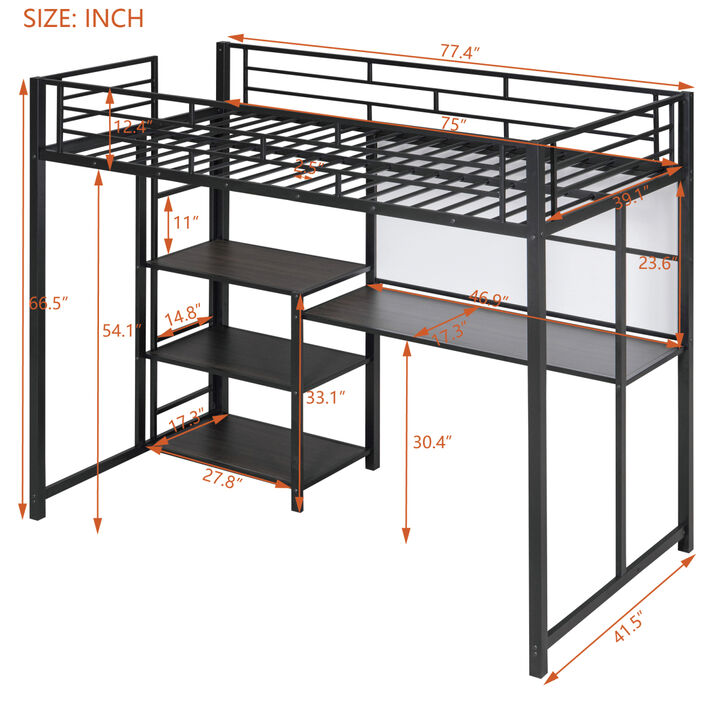Twin Size Loft Bed with Desk and Whiteboard, Metal Loft Bed with 3 Shelves and Ladder, Black
