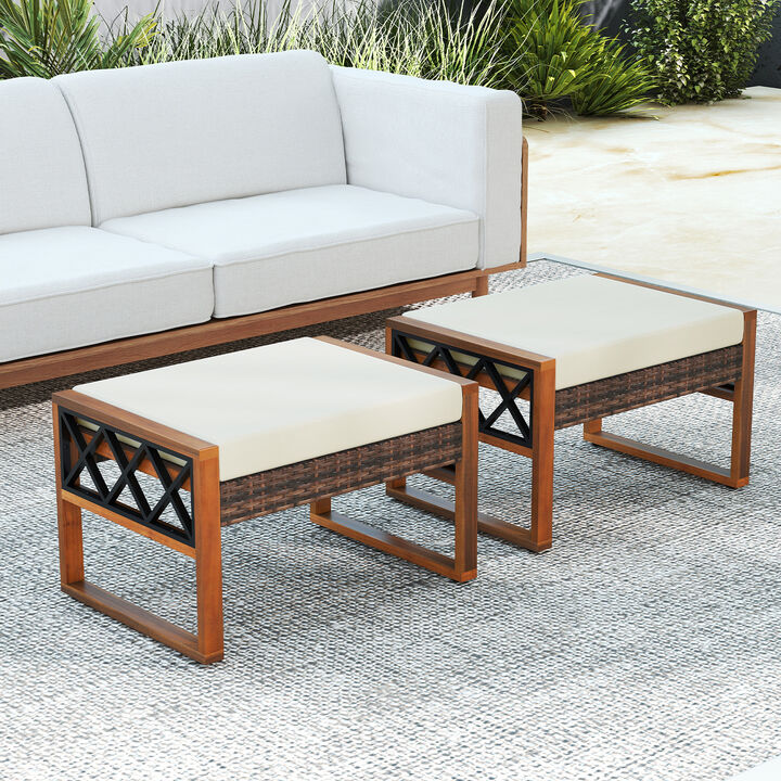Set of 2 PE Rattan Wicker Ottomans with Soft, Removable Cushions-Beige