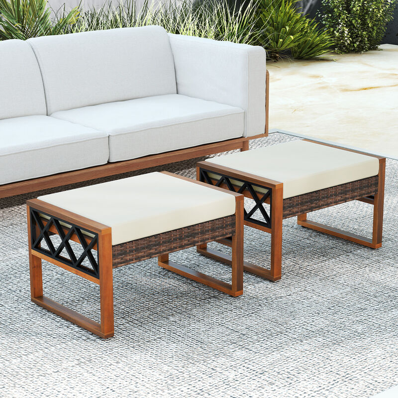 Set of 2 PE Rattan Wicker Ottomans with Soft, Removable Cushions-Beige image number 1