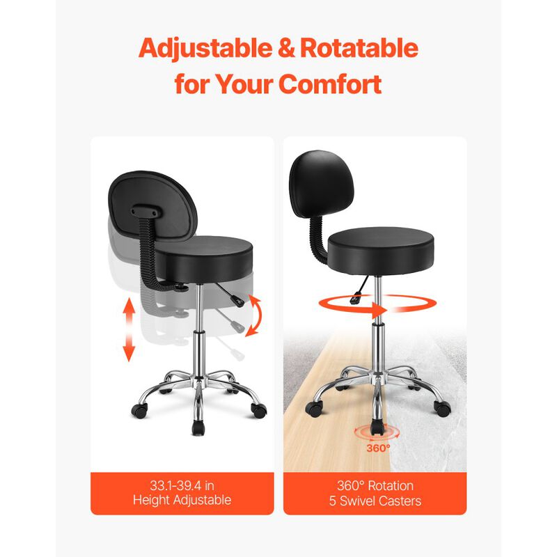 Round Rolling Stool with Wheels and Back Support, Adjustable Salon Chair for Massage & Tattoo-Black image number 5