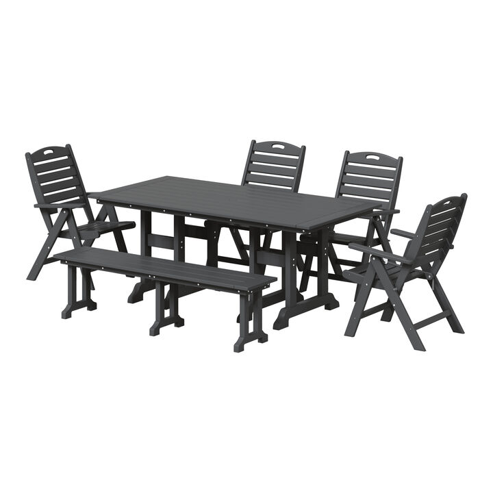 WestinTrends 6-Piece HDPE Rectangular Patio Dining Table Set with Foldable Chairs and Patio Bench