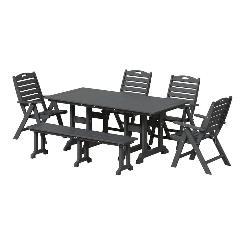 WestinTrends 6-Piece HDPE Rectangular Patio Dining Table Set with Foldable Chairs and Patio Bench
