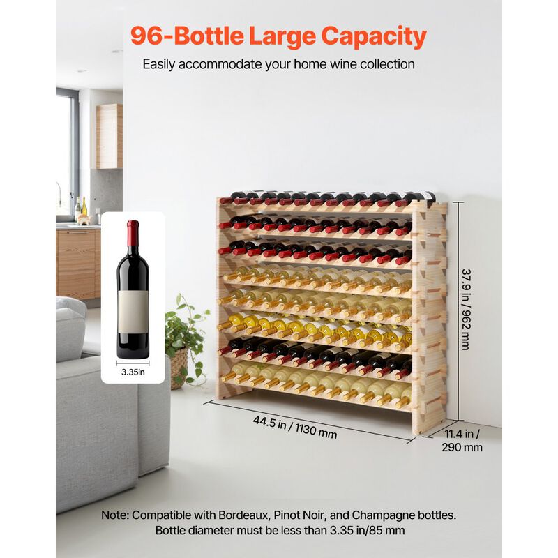 Stackable 96 Bottle Wine Rack with 8 Tiers for Kitchen, Cellar and Bar-Natural image number 2