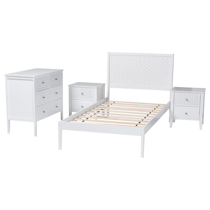 Baxton Studio Lara Twin 4-Piece Bedroom Set - Modern Wood Bed Frame with Matching Nightstands and Dresser, Decorative Laser-Cut Overlay