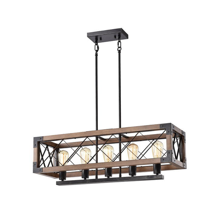 Adela Antique Black 5-light Rectangular Metal and Natural Wood Chandelier