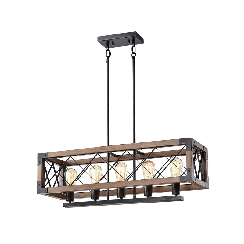 Adela Antique Black 5-light Rectangular Metal and Natural Wood Chandelier image number 0