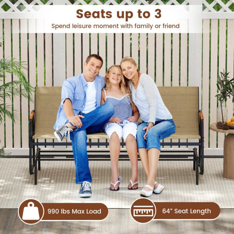 Hivvago Patio Glider Bench with Curved Teak Armrests and Breathable Fabric Seat for 3 People