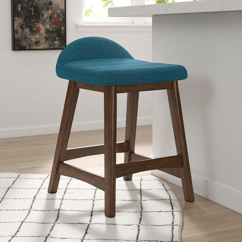 Jeyn Counter Stool with Footrest Set of 2, Brown Hardwood, Blue Seat - Benzara
