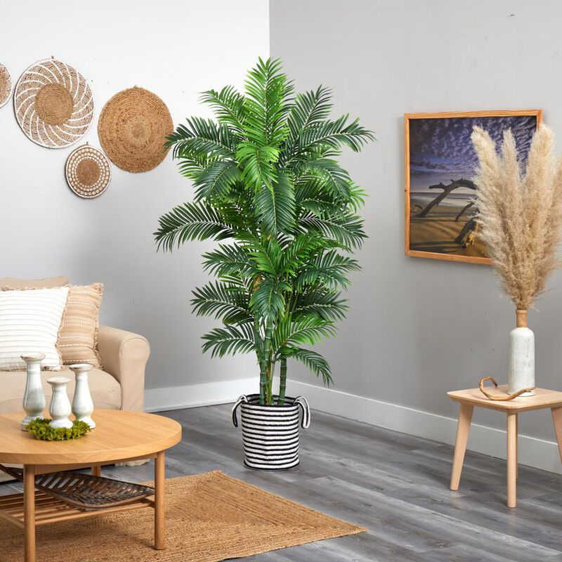 Hivvago 6 Feet Curvy Parlor Artificial Palm Tree in Handmade Black and White Natural Jute and Cotton Planter