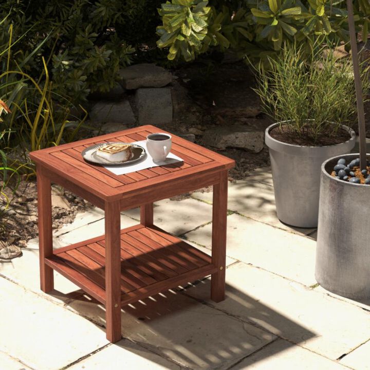 Hivvago Set of 2 Double-Tier Acacia Wood Patio Side Table with Slatted Tabletop and Shelf