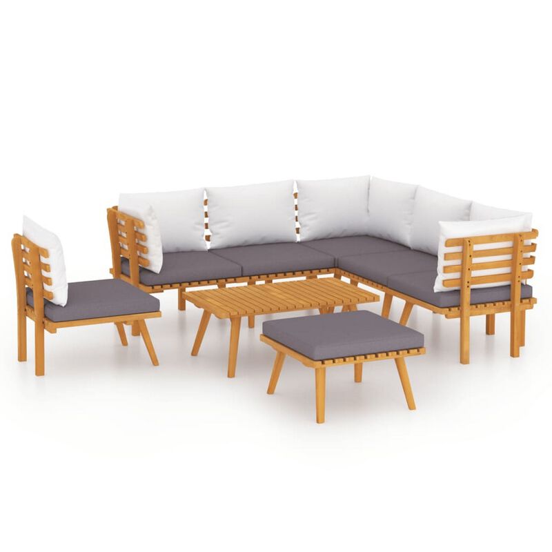 Roma 8pc Outdoor Modular Sofa Set, Table, White Cushions, Acacia Wood - Benzara