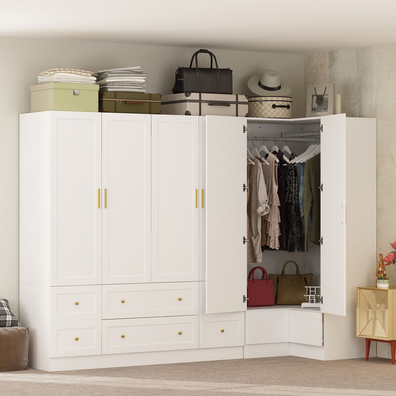 FUFU&GAGA White Corner Storage Cabinet with 3 Cabinets & 6 Drawers, PB Board Construction, Gold Handles, Space-Saving Wardrobe Organizer (97.6 x 19.7 x 70.9 in)