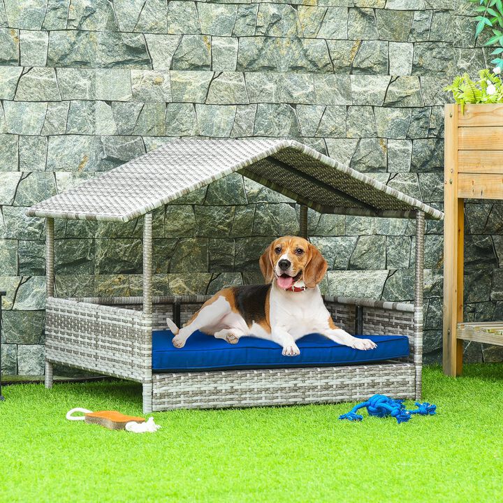 Wicker Dog House Elevated Raised Rattan Bed for Indoor/Outdoor with Removable Cushion Lounge, Dark Blue