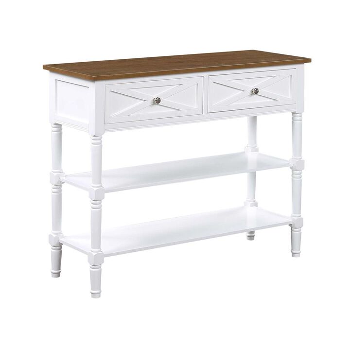 Convenience Concepts Country Oxford 2 Drawer Console Table with Shelves, Driftwood Top/White Frame
