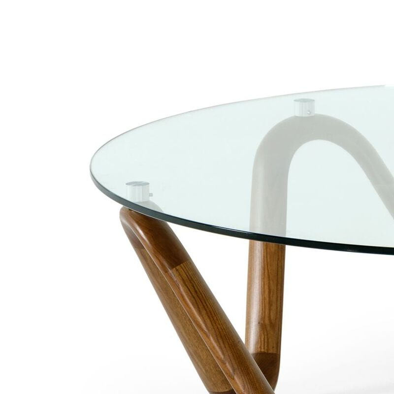 Cid Lasp Coffee Table, 45 Inch, Round Glass Top, Walnut Wave Design Base - Benzara image number 3