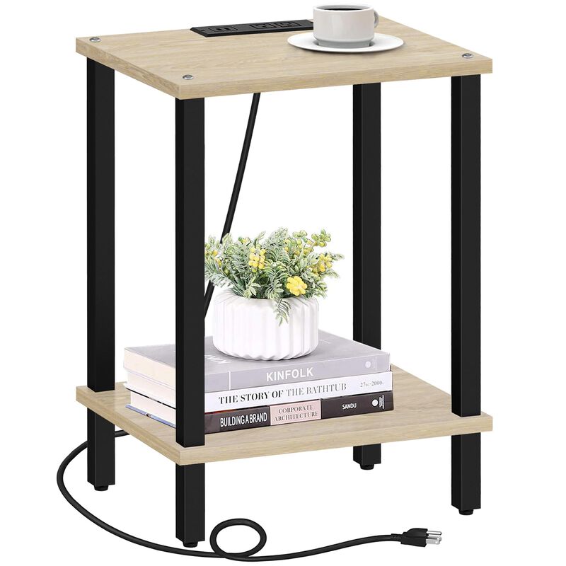 TUTOTAK End Table with Charging Station, Side Table with USB Ports and Outlets, Nightstand, 2-Tier Storage Shelf, Sofa Table for