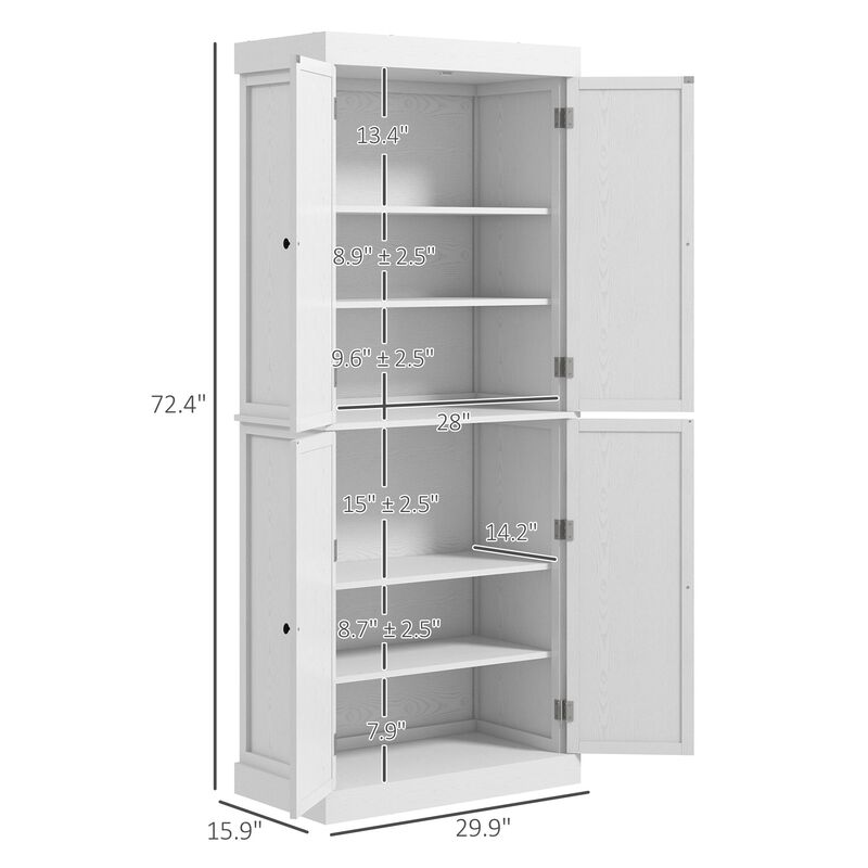72" White Elegant Kitchen Pantry: Doors, Shelves, Storage
