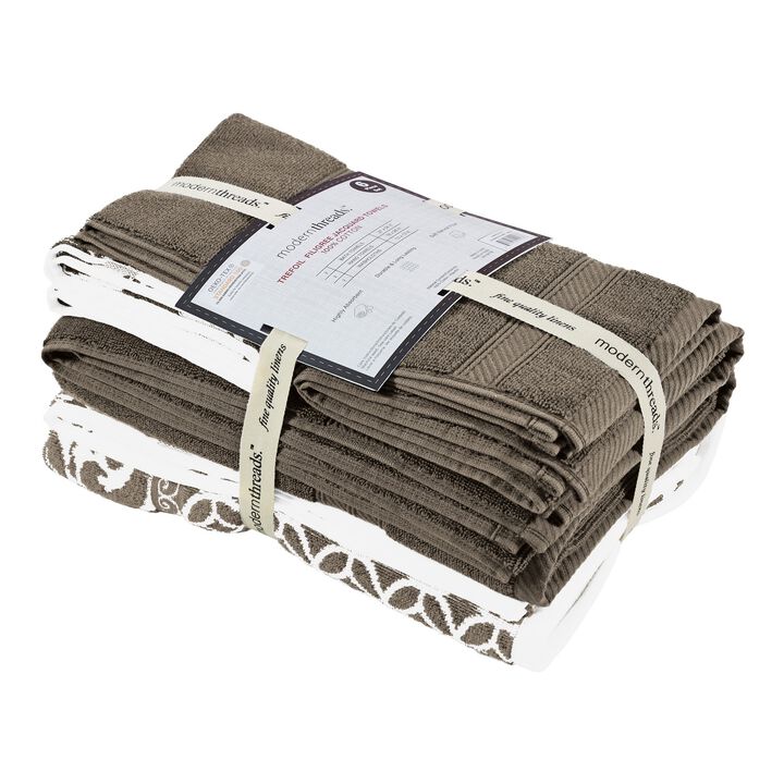 Bev Modern 6 Piece Cotton Towel Set, Jacquard Filigree Pattern, Taupe Brown-Benzara