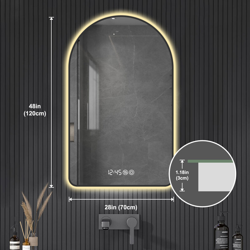 ELEMENT ACE Arched LED Bathroom Mirror with Time Display, Anti-Fog Technology and Dimmable Backlight image number 2