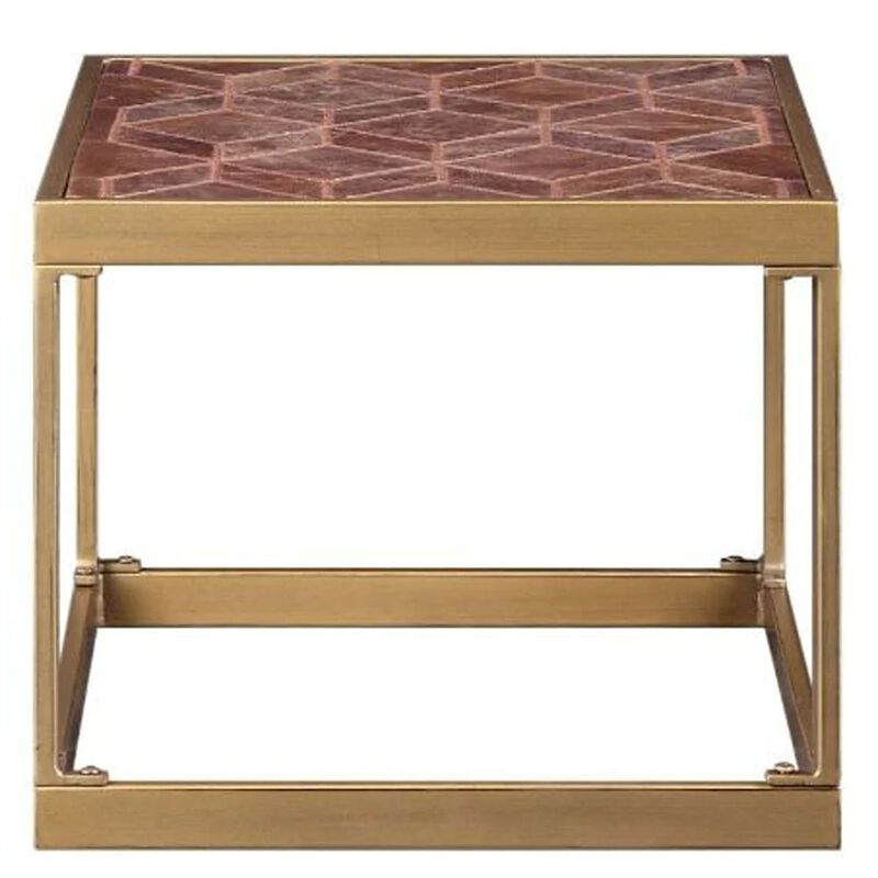 Homezia 16" Brass And Warm Brown Leather Rectangular End Table