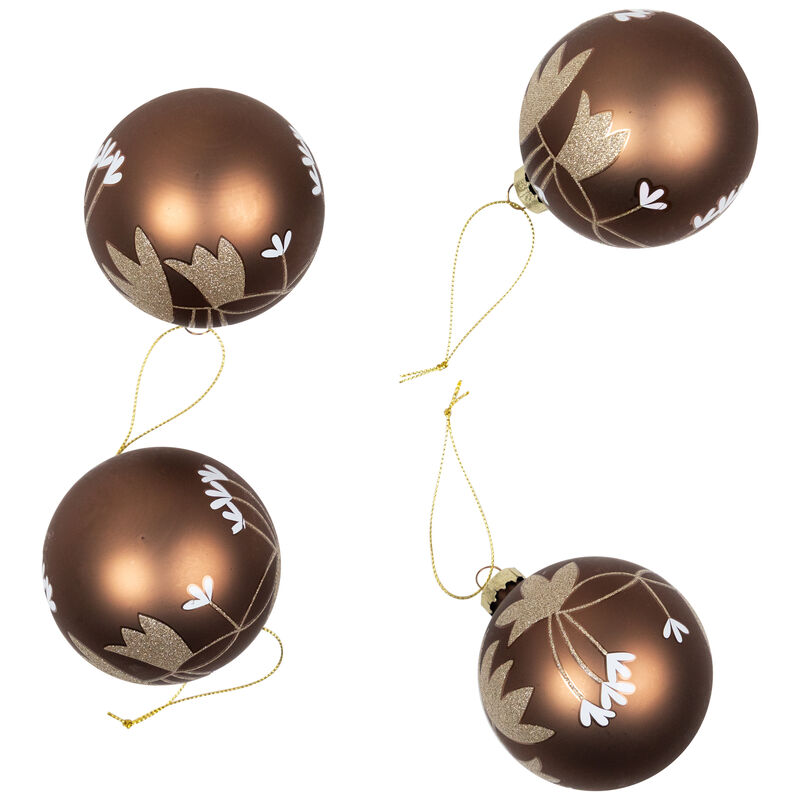 Glittered Flower Vine Glass Christmas Ball Ornaments - 3" (75mm) - Bronze - 4ct image number 6