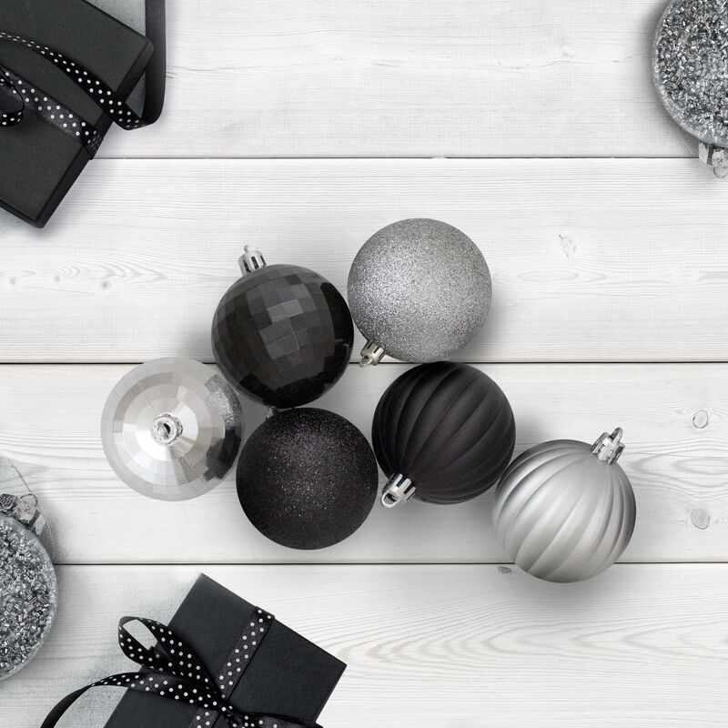 100ct Silver and Black Shatterproof 3-Finish Christmas Ball Ornaments 2.5" (60mm)